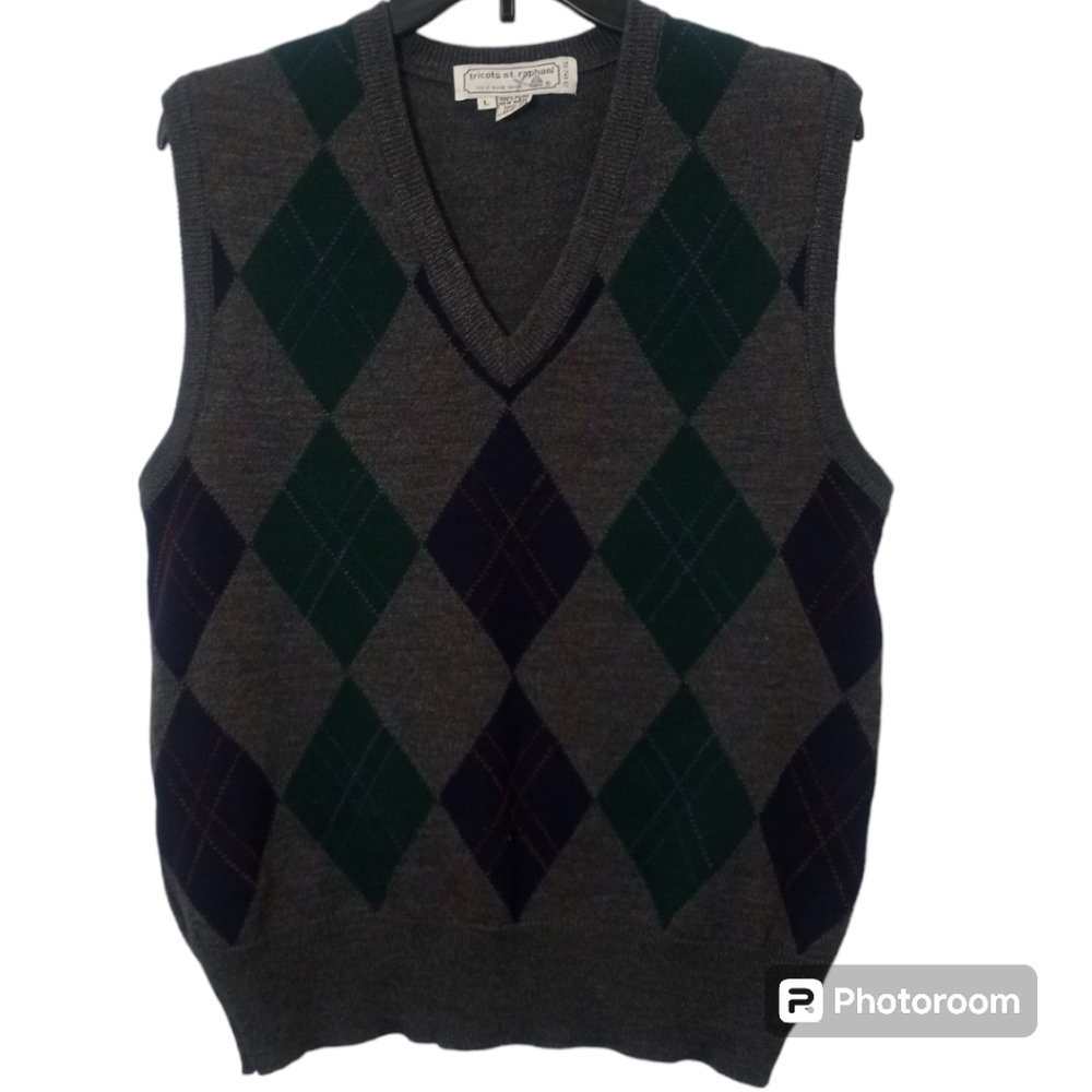 Tricots St Raphael V Neck Vintage Gray Wool Argyle  Sweater Vest  Size Large